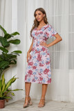 Floral Print Chiffon V-neck Short Sleeve Swing Dress
