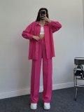 Elegant Long-Sleeve Wrinkle Shirt and Elastic Waist Long Pants Two-Piece Set