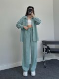 Elegant Long-Sleeve Wrinkle Shirt and Elastic Waist Long Pants Two-Piece Set