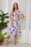 Floral Print Chiffon V-neck Short Sleeve Swing Dress