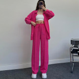 Elegant Long-Sleeve Wrinkle Shirt and Elastic Waist Long Pants Two-Piece Set