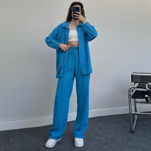 Elegant Long-Sleeve Wrinkle Shirt and Elastic Waist Long Pants Two-Piece Set