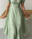 V-neckline Button Closure and Lantern Sleeves Printed Midi Dress
