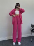 Elegant Long-Sleeve Wrinkle Shirt and Elastic Waist Long Pants Two-Piece Set