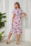 Floral Print Chiffon V-neck Short Sleeve Swing Dress