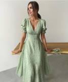 V-neckline Button Closure and Lantern Sleeves Printed Midi Dress
