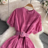 Round Neck Sweet and Ethereal A-line Pleated Dress without Belt