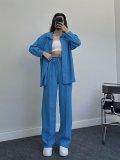 Elegant Long-Sleeve Wrinkle Shirt and Elastic Waist Long Pants Two-Piece Set