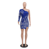 Sexy One-Shoulder Bodycon Side Slit Sparkling Mini Dress