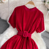 Round Neck Sweet and Ethereal A-line Pleated Dress without Belt