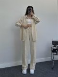 Elegant Long-Sleeve Wrinkle Shirt and Elastic Waist Long Pants Two-Piece Set