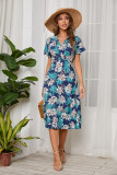 Floral Print Chiffon V-neck Short Sleeve Swing Dress