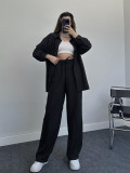 Elegant Long-Sleeve Wrinkle Shirt and Elastic Waist Long Pants Two-Piece Set