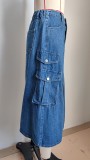 Slit Front Midi Denim Skirt With Pockets