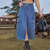 Slit Front Midi Denim Skirt With Pockets