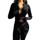 Solid Color Pit Invisible Zipper Long Sleeve Thumbhole Jumpsuit