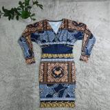 Autumn Printed Long Sleeve Deep V Pleated Midi Dresses