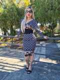 Autumn Printed Long Sleeve Deep V Pleated Midi Dresses