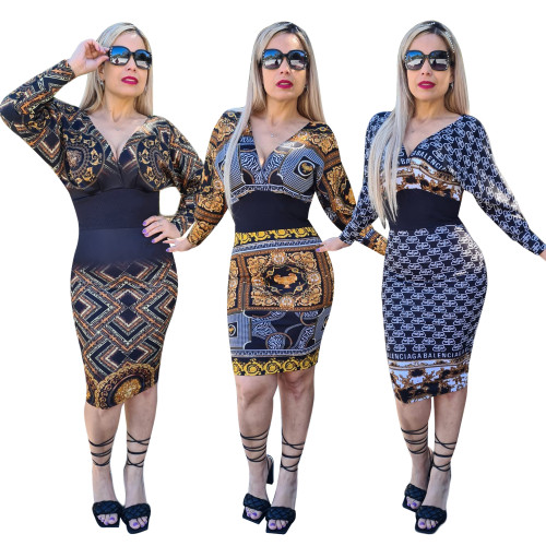Autumn Printed Long Sleeve Deep V Pleated Midi Dresses