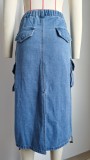 Slit Front Midi Denim Skirt With Pockets