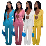 Women Mesh Sheer 3pcs Outfits Long Sleeve Top Long Pant Bikini Cover Up