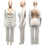 Women Mesh Sheer 3pcs Outfits Long Sleeve Top Long Pant Bikini Cover Up