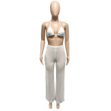 Women Mesh Sheer 3pcs Outfits Long Sleeve Top Long Pant Bikini Cover Up