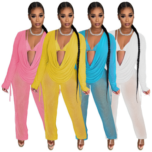Women Mesh Sheer 3pcs Outfits Long Sleeve Top Long Pant Bikini Cover Up