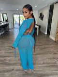 Women Mesh Sheer 3pcs Outfits Long Sleeve Top Long Pant Bikini Cover Up