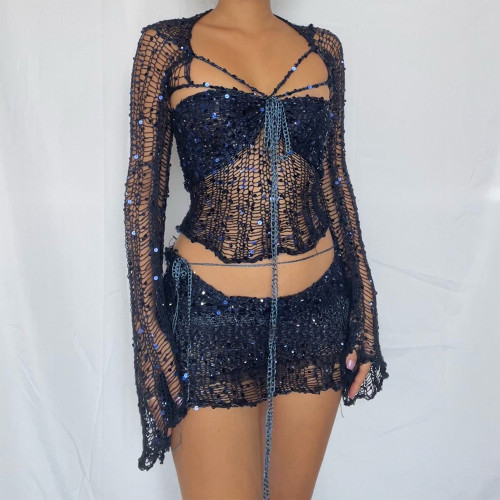 Women Sweater Skirt Top Set Y2k Style Summer Knitted Ladies Dress Navel Exposed Clubwear fit Clothing