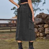 Slit Front Midi Denim Skirt With Pockets