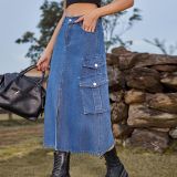 Slit Front Midi Denim Skirt With Pockets