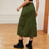Slit Front Midi Denim Skirt With Pockets