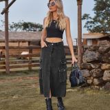 Slit Front Midi Denim Skirt With Pockets