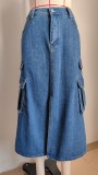 Slit Front Midi Denim Skirt With Pockets