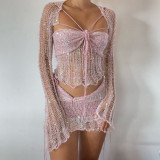 Women Sweater Skirt Top Set Y2k Style Summer Knitted Ladies Dress Navel Exposed Clubwear fit Clothing