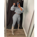 Winter Fashion New Hooded Long Sleeve Solid Color Top and High Waist Tight Pants Knitting Sweater Set