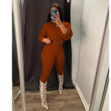 Winter Fashion New Hooded Long Sleeve Solid Color Top and High Waist Tight Pants Knitting Sweater Set