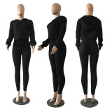 Winter Fashion New Hooded Long Sleeve Solid Color Top and High Waist Tight Pants Knitting Sweater Set