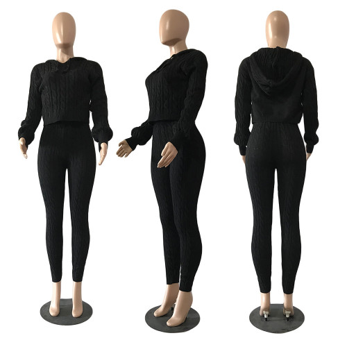 Winter Fashion New Hooded Long Sleeve Solid Color Top and High Waist Tight Pants Knitting Sweater Set