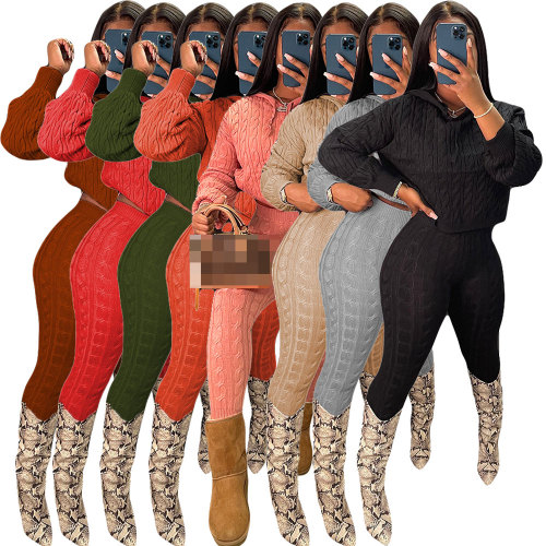 Winter Fashion New Hooded Long Sleeve Solid Color Top and High Waist Tight Pants Knitting Sweater Set