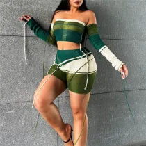 Sexy Hollow Knit Tube Top High Waist Bodycon Shorts Set