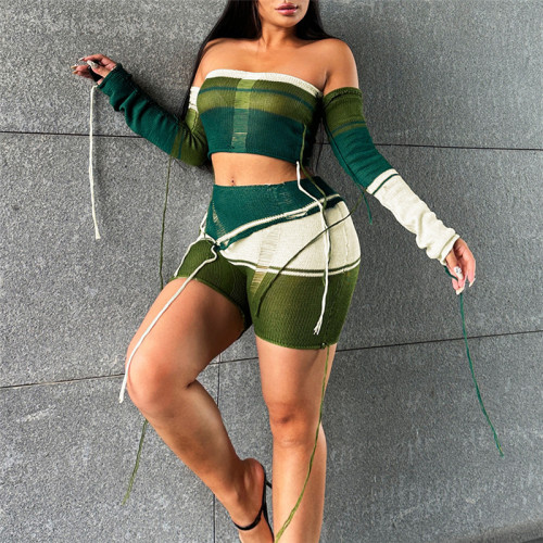 Sexy Hollow Knit Tube Top High Waist Bodycon Shorts Set