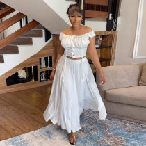 White Casual Daily Elegant Vacation Plain Drawstring Buckle Fold Off The Shoulder Short Sleeve Two Pieces