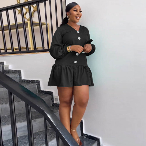 Autumn Fashion Button Shirt Flounce Dress Women Casual V-Neck Long Sleeve Button Shirt Mini Dress