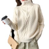 Lazy Style Twisted High-Neck Zipper and Loose  Knit Sweater