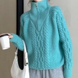 Lazy Style Twisted High-Neck Zipper and Loose  Knit Sweater