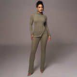 Solid Color Turtleneck Pit Long Sleeve Pant Set