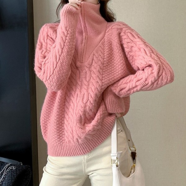 Lazy Style Twisted High-Neck Zipper and Loose Knit Sweater
