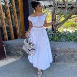 White Casual Daily Elegant Vacation Plain Drawstring Buckle Fold Off The Shoulder Short Sleeve Two Pieces